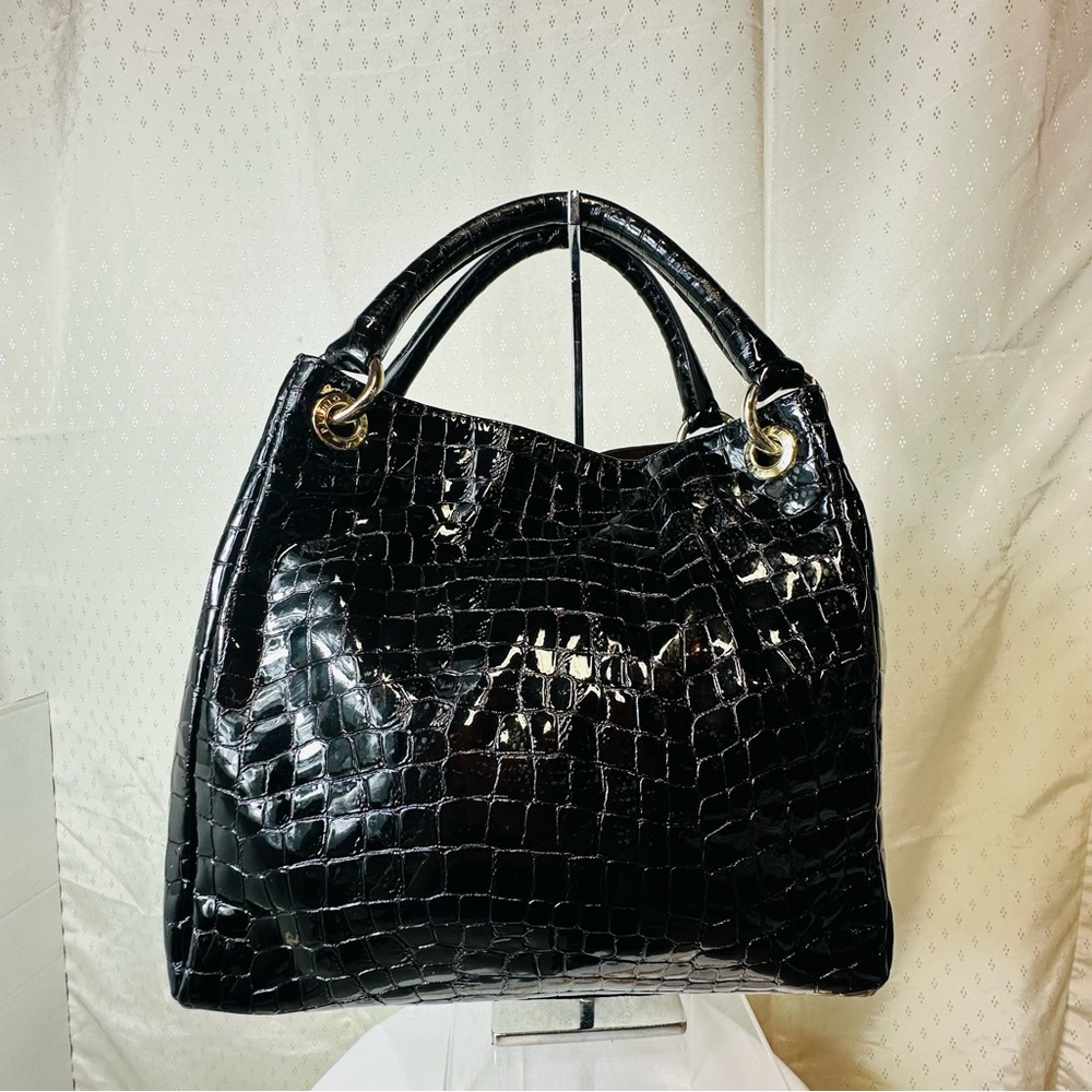 Plinio Visona Glossy Black Crocodile-Embossed Shoulder Bag